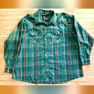 Vintage Wrangler light weight summer pearl snap shirt teal purple stripe xxl?